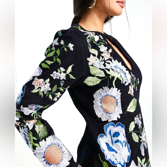 ASOS Women’s Black Blue Floral Embroidered Long Puff Sleeve Dress Size 0 NWOT - Picture 2 of 13